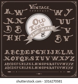 Vintage HandMade Font 'Old Town'. Custom handwritten alphabet. Retro textured hand drawn typeface with grunge effect. Vector illustration. Letters and Numbers. Original Design.