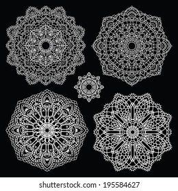 Vintage handmade knitted doily. Round lace pattern set. Vector illustration.