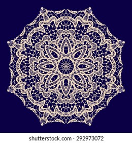 Vintage handmade knitted doily, vector. Round lace pattern