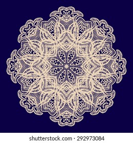 Vintage handmade knitted doily, vector. Round lace pattern