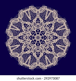 Vintage handmade knitted doily, vector. Round lace pattern