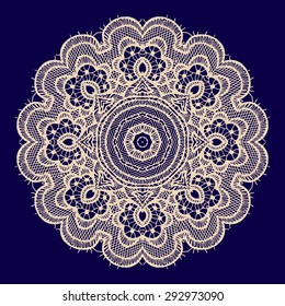 Vintage handmade knitted doily, vector. Round lace pattern