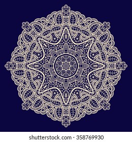Vintage handmade knitted doily, vector. Round lace pattern
