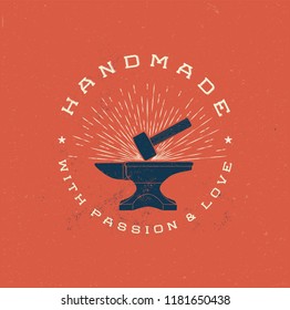 Vintage Handmade Label Badge with Anvil and Hummer. Retro styled vector illustration.