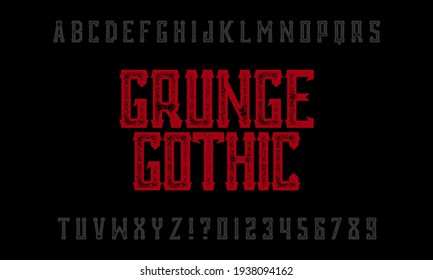 Vintage handmade, worn font and alphabet. A Gothic-style font on a dark textural background. Vector illustration.