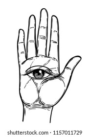 Vintage Hands with all seeing eye. Hand drawn sketchy illustration with mystic and occult hand drawn symbols. Palmistry concept. Vector illustration. Spirituality, astrology and esoteric concept.