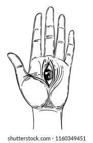 Vintage Hands with all seeing eye. Hand drawn sketchy illustration with mystic and occult hand drawn symbols. Palmistry concept. Vector illustration. Spirituality, astrology and esoteric concept.