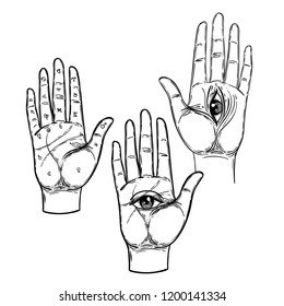 Vintage Hands with all seeing eye. Hand drawn sketchy illustration with mystic and occult hand drawn symbol set. Palmistry concept. Vector illustration. Spirituality, astrology and esoteric concept.