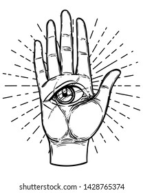 Vintage Hands with all seeing eye. Hand drawn sketchy illustration with mystic and occult hand drawn symbols. Palmistry concept. Vector illustration. Spirituality, astrology and esoteric concept.