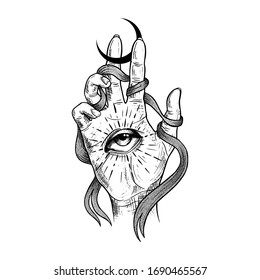 Vintage Hands with all seeing eye. Hand drawn sketchy illustration with mystic and occult hand drawn symbols. Palmistry concept. Vector illustration. Spirituality, astrology and esoteric concept.