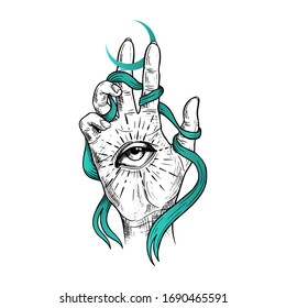 Vintage Hands with all seeing eye. Hand drawn sketchy illustration with mystic and occult hand drawn symbols. Palmistry concept. Vector illustration. Spirituality, astrology and esoteric concept.