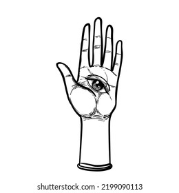 Vintage Hands with all seeing eye. Hand drawn sketchy illustration with mystic and occult hand drawn symbols. Palmistry concept. Vector illustration. Spirituality, astrology and esoteric concept.