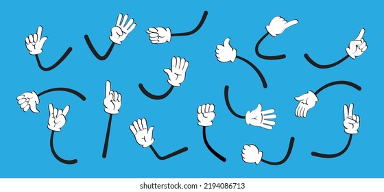 Vintage  hands in gloves set vector. Cute animation feet in shoes. Funny character mascot body parts movement.   Daisy hands gesture. Thumb up, finger pointer, give five.