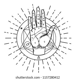 Vintage Hands. Hand drawn sketchy illustration with mystic and occult hand drawn symbols. Palmistry concept. Vector illustration. Spirituality, astrology and esoteric concept.