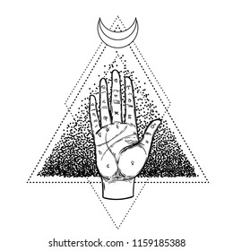 Vintage Hands. Hand drawn sketchy illustration with mystic and occult hand drawn symbols. Palmistry concept. Vector illustration. Spirituality, astrology and esoteric concept.