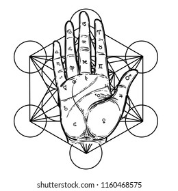 Vintage Hands. Hand Drawn Sketchy Illustration With Mystic And Occult Hand Drawn Symbols. Palmistry Concept. Vector Illustration. Spirituality, Astrology And Esoteric Concept.