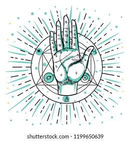 Vintage Hands. Hand drawn sketchy illustration with mystic and occult hand drawn symbols. Palmistry concept. Vector illustration. Spirituality, astrology and esoteric concept.