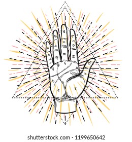 Vintage Hands. Hand drawn sketchy illustration with mystic and occult hand drawn symbols. Palmistry concept. Vector illustration. Spirituality, astrology and esoteric concept.