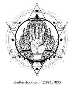 Vintage Hands. Hand drawn sketchy illustration with mystic and occult hand drawn symbols. Palmistry concept. Vector illustration. Spirituality, astrology and esoteric concept.