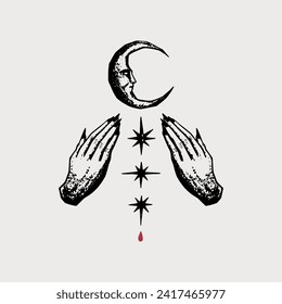 Vintage hands and moon crescent face Dark Academia elements. Macabre gothic vector illustration, hand-drawn magic boho esoteric clipart