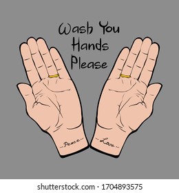 Vintage Hands with two rings. Hand drawn sketchy illustration with mystic wedding invitation symbols. Palmistry concept. Vector illustration. Spirituality, astrology and esoteric concept.