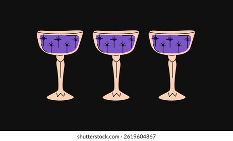 Vintage hand-sketched cocktails — hippie drinks in retro glasses, drinkware, goblets, vessels, flutes, tumblers, and jars