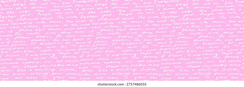 Vintage handwriting script seamless pattern on pink background. Cursive English calligraphy illegible text. Doodle pen poetry page background. Hand drawn antique cursive style wrapping paper.