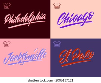 Vintage handwritten brush lettering of America cities. Chicago, Philadelphia, El Paso, Jacksonville. Vector illustration.