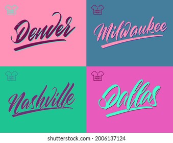 Vintage handwritten brush lettering of America cities. Denver, Dallas, Nashville, Milwaukee. Vector illustration.