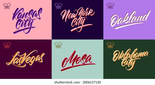 Vintage handwritten brush lettering of America cities. New York City, Oakland, Kansas, Las Vegas , Mesa.Vector illustration.