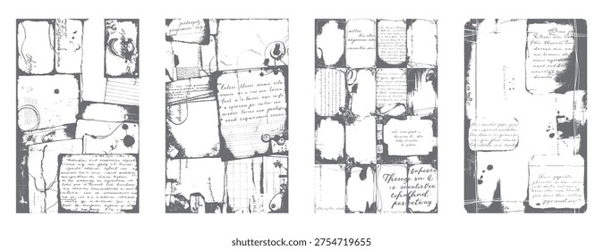 Vintage handwritten letters and documents with ink splatters and torn edges in a collage style paper