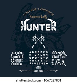Vintage handwritten letters and numbers with alternatives, alphabet with grunge effect. Tomahawk. Silhouette of an Indian hunter. Vector illustration.