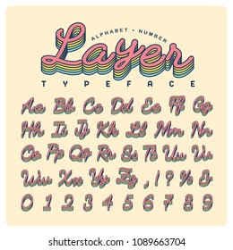 Vintage Handwritten Typeface Or Font In Layered Effect. Vector Script Alphabet And Number Set In Retro Style For Title, Headline, Poster, Website, Brochure Or Name Card Design.