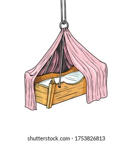 
Vintage hanging baby cradle with canopy. Engraved vector sketch. Colour object on a white background. Retro. Nursery interior.