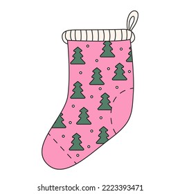 Vintage hanging gifts sock in cartoon groovy style. Hand drawn traditional fireplace decor. Cute and cosy cloth element. Christmas symbol, vector illustration