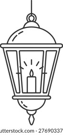 Vintage Hanging Lantern with Burning Candle - Minimalist Line Art Vector Illustration