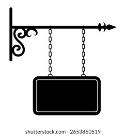 Placa de sinalização de suspensão vintage com ilustração de vetor de suporte de ferro decorativo. Uma placa de suspensão clássica suspensa por duas cadeias verticais de um suporte de ferro ornamental horizontal.