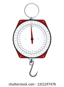 Vintage hanging weight scale against white background