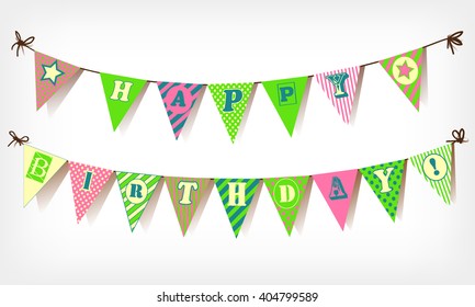 Vintage Happy Birthday Card. Festive banner as bunting flags with letters HAPPY BIRTHDAY.  Happy Birthday vector illustration . Happy Birthday concept template for banner, brochure, gift certificate.