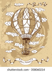 Vintage happy birthday card with hot air balloon, banner, text and clouds on brown textured background. Doodle line art illustration with hand drawn design elements. Have a good trip text in French.