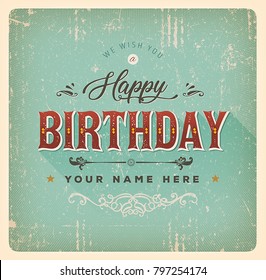 Vintage Happy Birthday Card Illustration of a vintage and grunge textured birthday card, with ornament, decorative hand drawn floral patterns and place for name