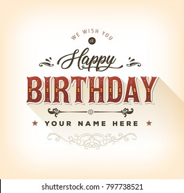 Vintage Happy Birthday Card/
Illustration of a vintage happy birthday card, with ornament, decorative hand drawn floral patterns and place for name