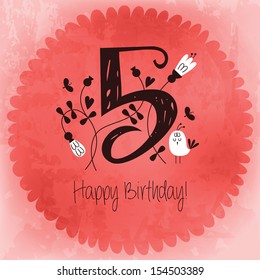 Vintage Happy Birthday card invitation with Number 5 . Vector EPS10 . Grunge effects
