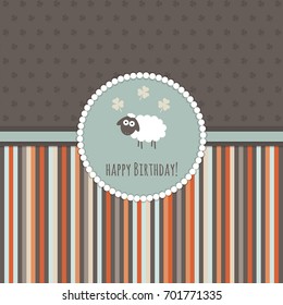 Vintage Happy Birthday Card WIth Sheep, Three Leaf Clovers And Stripes.