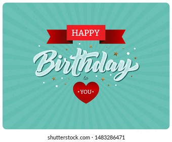 Vintage Happy Birthday vector typographic banner. Design for poster, greeting card, invitation. Retro birthday lettering, red ribbon, heart, stars and confetti on striped vector background.