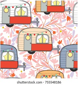 Vintage happy camper van Light blue and pink wild flower and leaf pattern sweet botanical  tropical woodland style invitation card background illustration vector