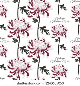 Vintage happy mother’s day text pattern. Vector seamless background. Elegant traditional decoration on white backdrop. Pastel colored hand drawn illustration.