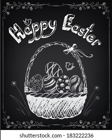 Vintage Happy Easter card with basket, eggs. Chalking, freehand drawing