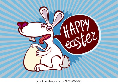 Vintage happy easter card, cute bunny and hand drawn wreath art