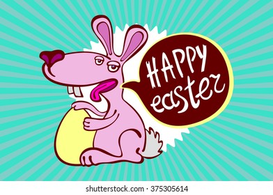 Vintage happy easter card, cute bunny and hand drawn wreath art